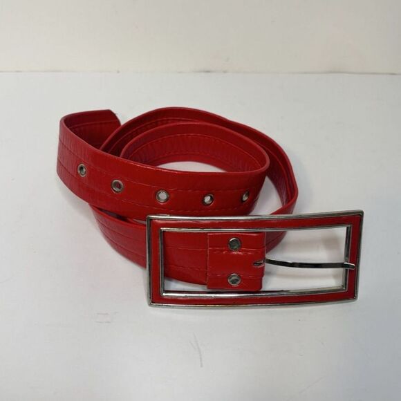 Womens Lux Red Elastic Wrap Around Leather Metal Double Buckle Belt Designer - Picture 3 of 8